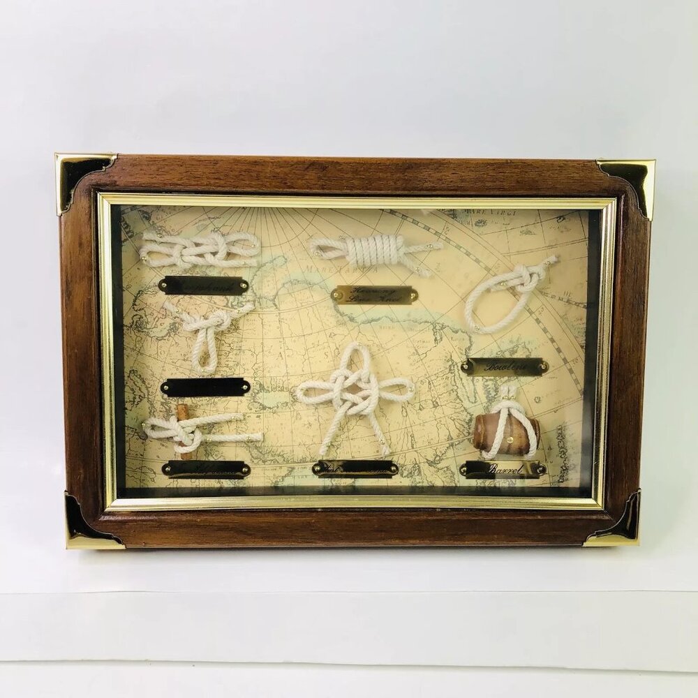 Vtg MARE TARTA Nautical Wood Frame Sailor Knot Model Barrel Shadow Box Gold 13x9